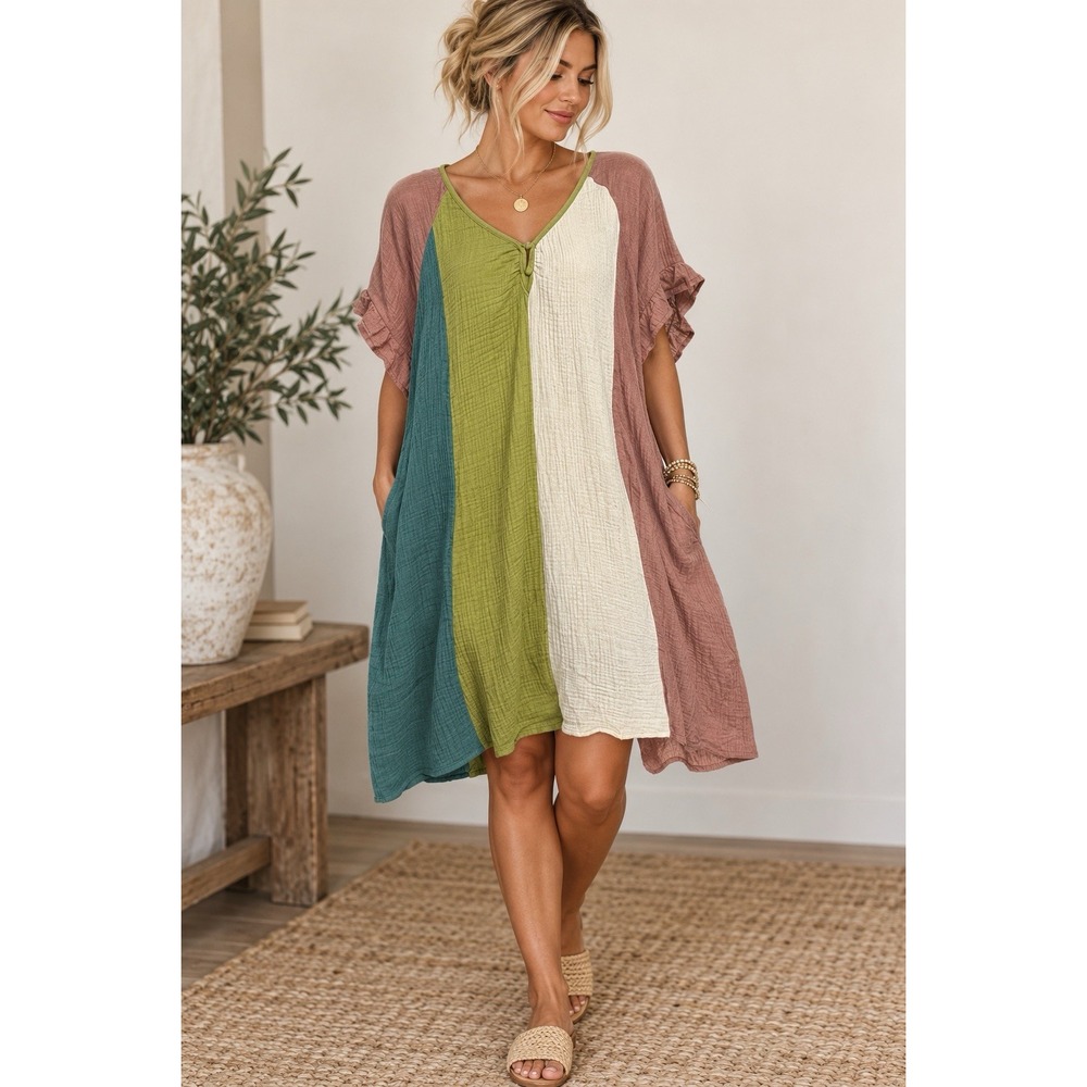 Umgee Crinkle Gauze Color Block Dress Women's Large Relax Fit Flutter Sleeve
